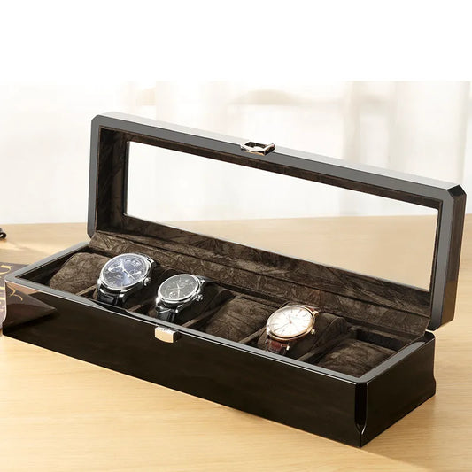 Luxury Wooden Watch Display Box 6 Slot Storage - Black