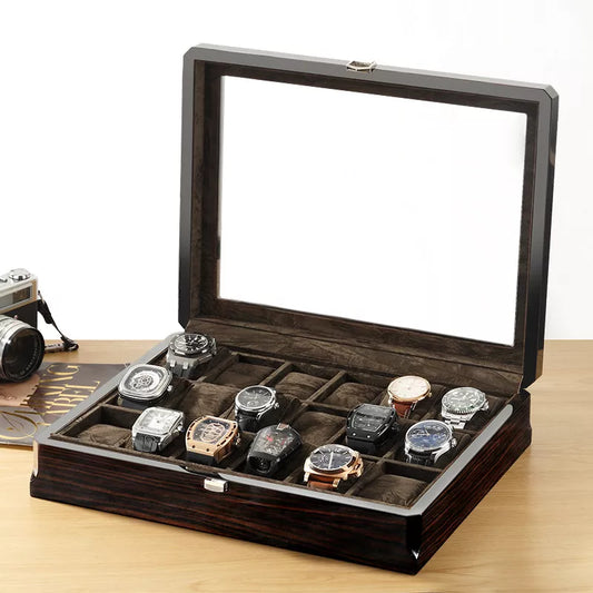 Luxury Wooden Watch Display Box 18 Slot Storage - Black