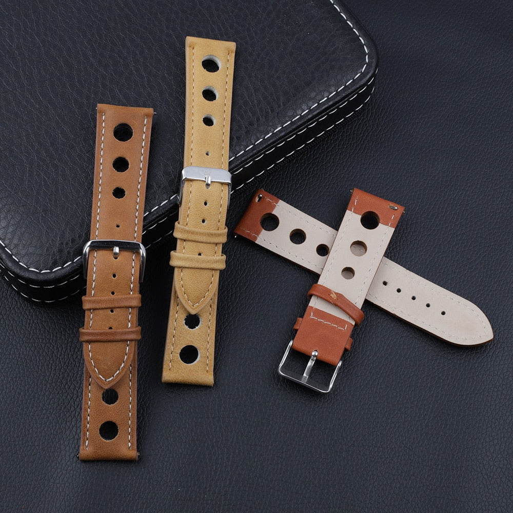 Genuine Leather Racing Style Watch Strap - Black