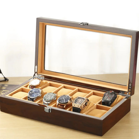 Luxury Wooden Watch Display Box 12 Slot Storage - Red
