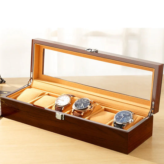 Luxury Wooden Watch Display Box 6 Slot Storage - Red