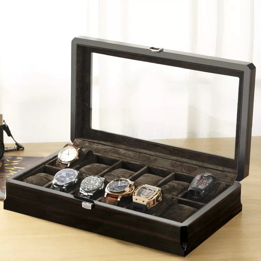 Luxury Wooden Watch Display Box 12 Slot Storage - Black