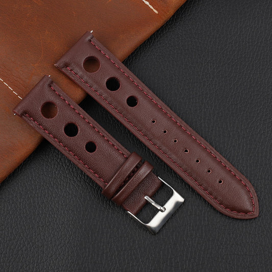 Genuine Leather Racing Style Watch Strap - Wine Red