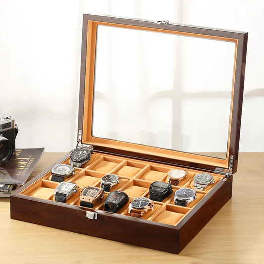 Luxury Wooden Watch Display Box 18 Slot Storage - Red