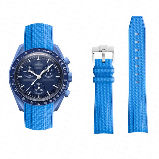 Curved End Rubber Textured Strap for MoonSwatch/Speedmaster - Blue