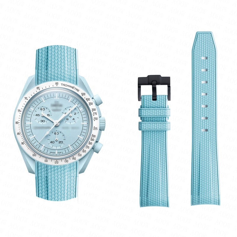 Curved End Rubber Textured Strap for MoonSwatch/Speedmaster - Cyan
