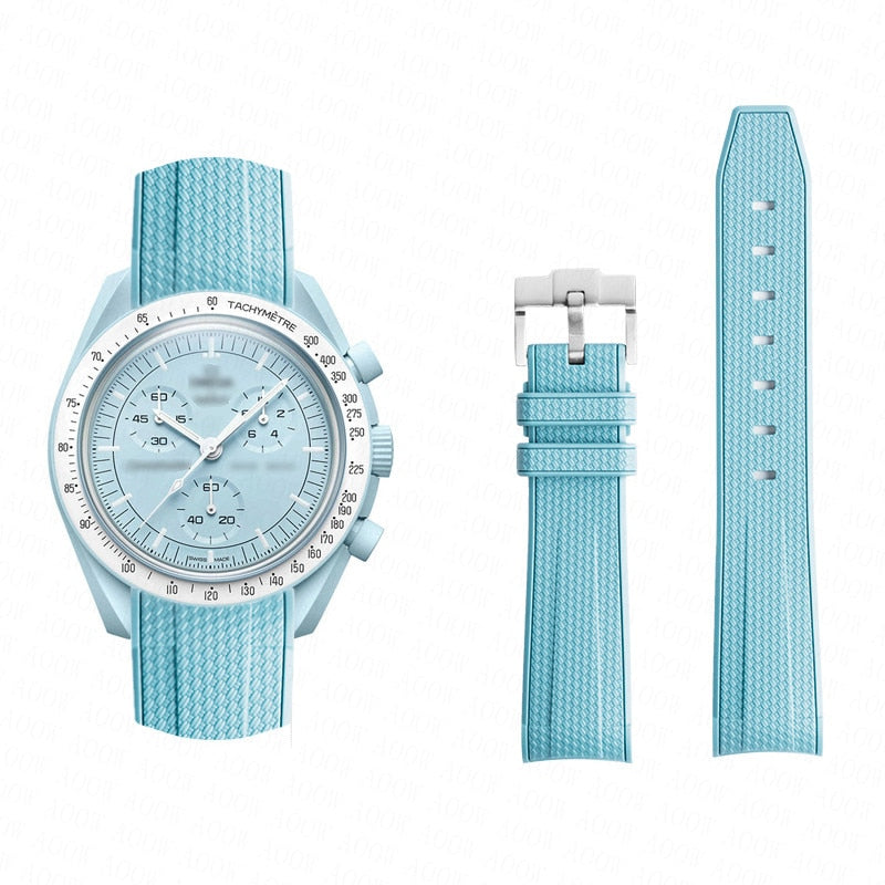 Curved End Rubber Textured Strap for MoonSwatch/Speedmaster - Cyan