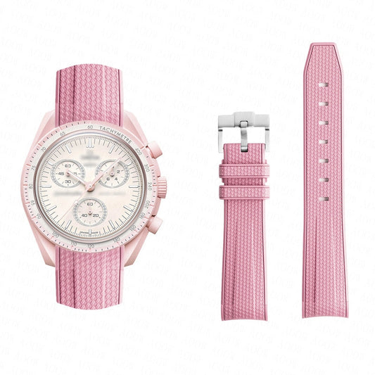Curved End Rubber Textured Strap for MoonSwatch/Speedmaster - Pink