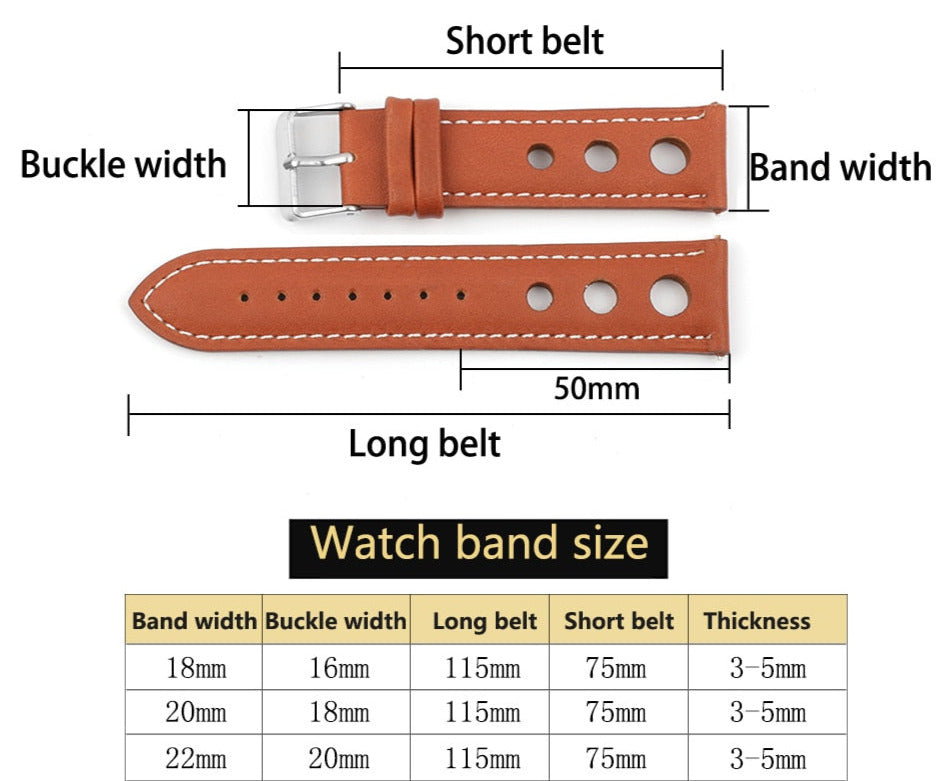 Genuine Leather Racing Style Watch Strap - Coffee