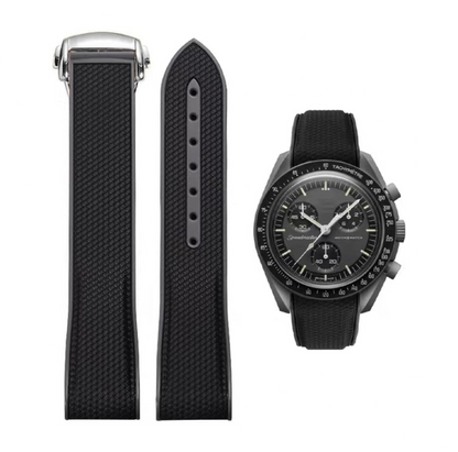 Curved End Rubber Folding Clasp Strap For Omega X Swatch MoonSwatch - Black/Grey