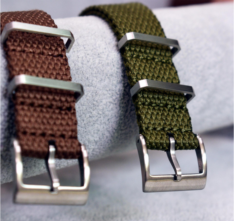 Camel Elastic Woven Nylon Strap with Red Stripe, Brushed Finish
